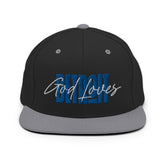God Loves Detroit Snapback Hat - Blue Text